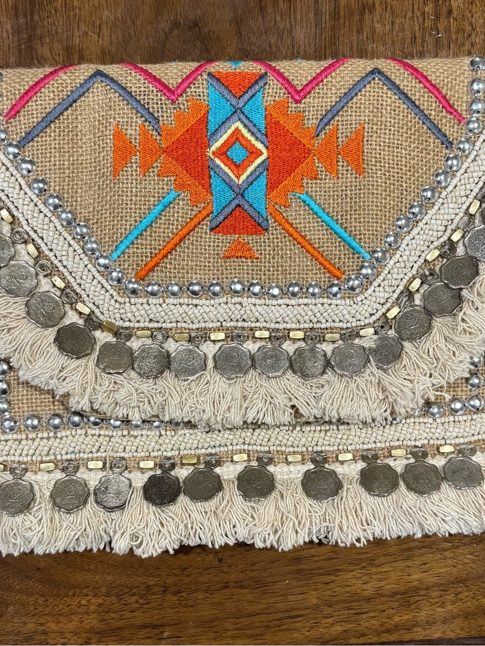 Antik Kraft Embroidered Mini Bag in Natural with Orange and Turquoise Accents